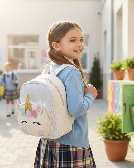 white unicorn school backpack custom name - in-use