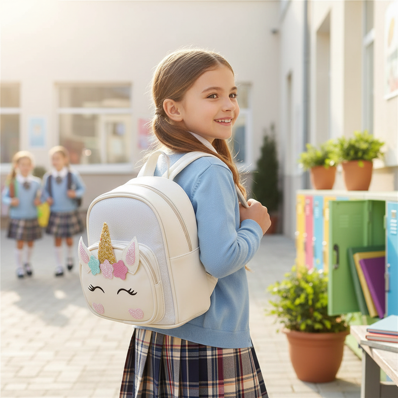 white unicorn school backpack custom name - in-use