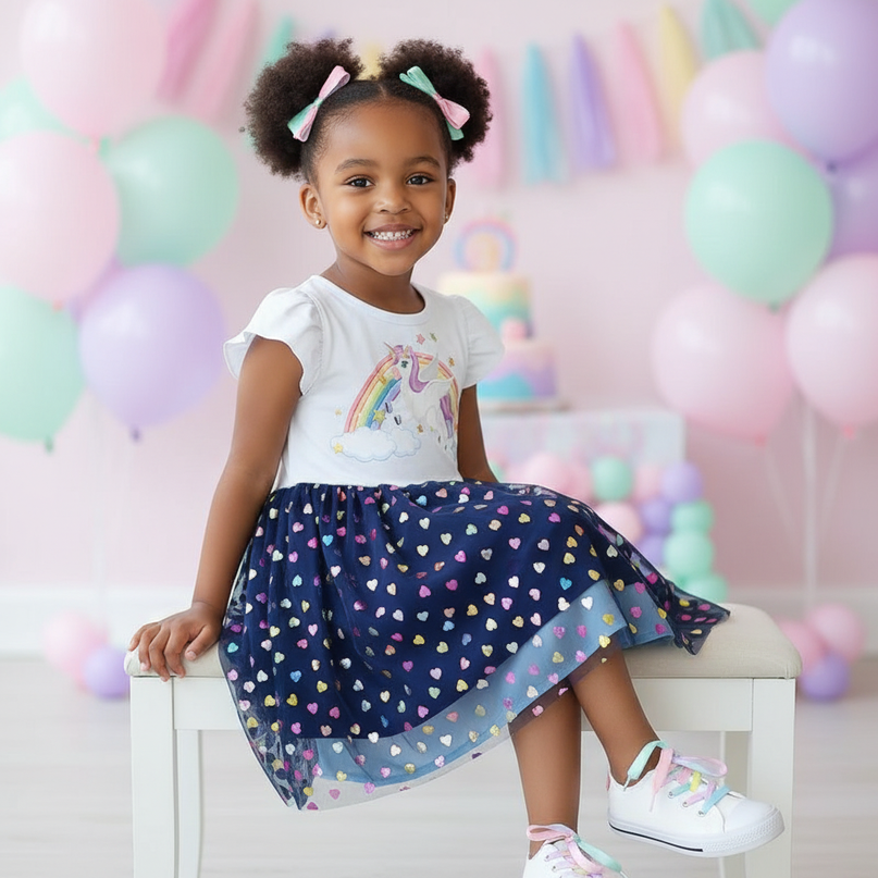 white unicorn sequin heart dress - sitting