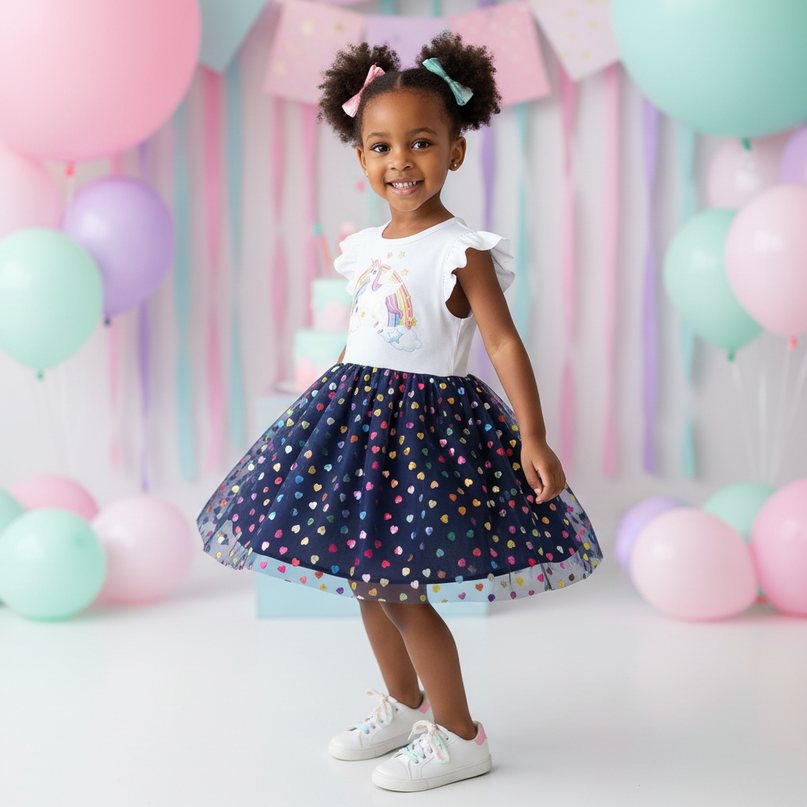white unicorn sequin heart dress - three-quarter