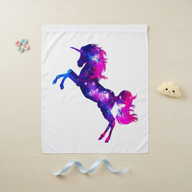 white unicorn shower curtain - flat-lay