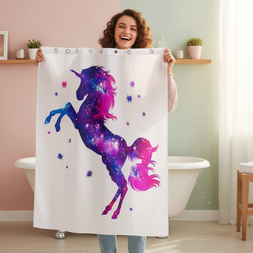 white unicorn shower curtain - in-use
