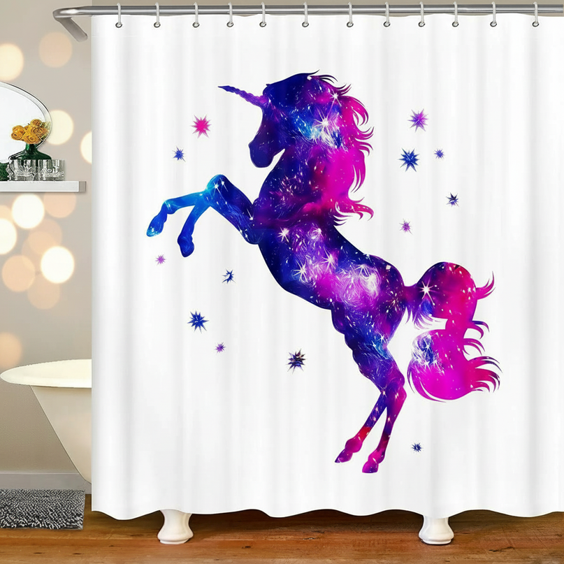 white unicorn shower curtain - lifestyle