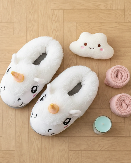 white unicorn slippers - flat-lay