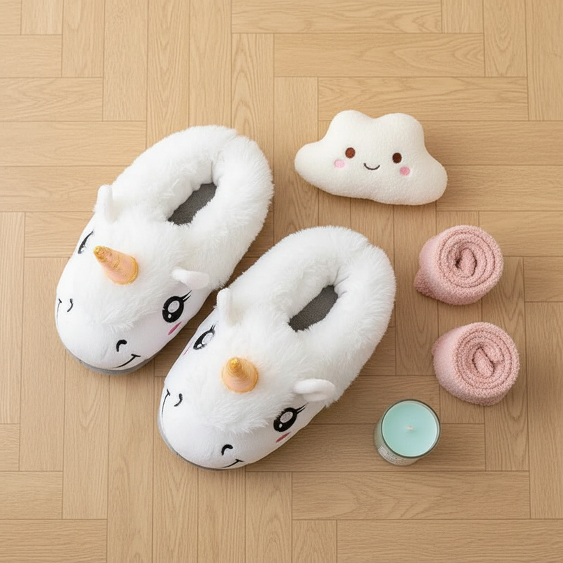 white unicorn slippers - flat-lay