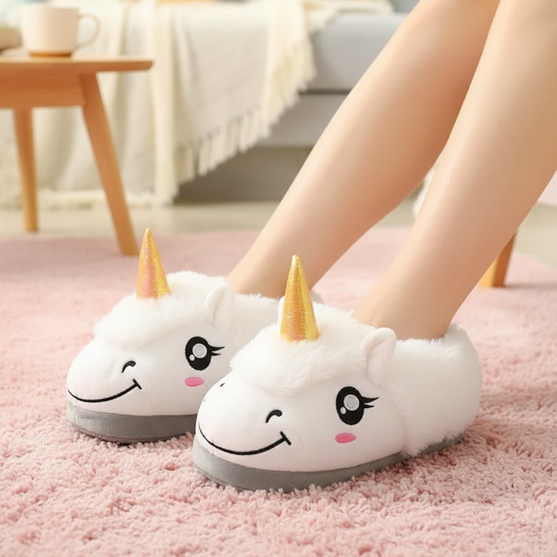white unicorn slippers - in-use