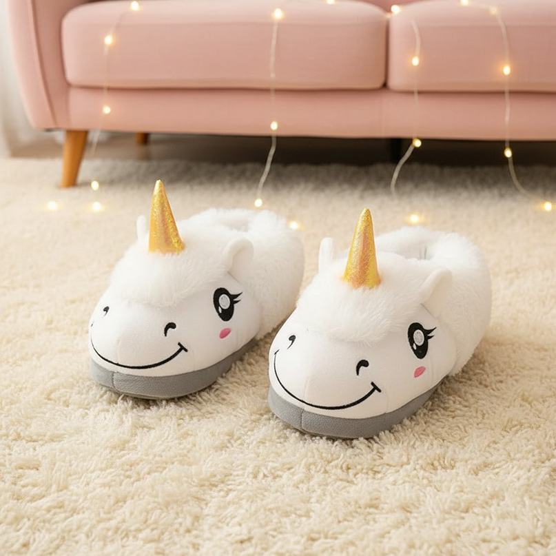 white unicorn slippers - lifestyle