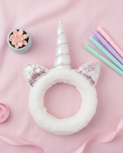 white unicorn spa headband - flat-lay
