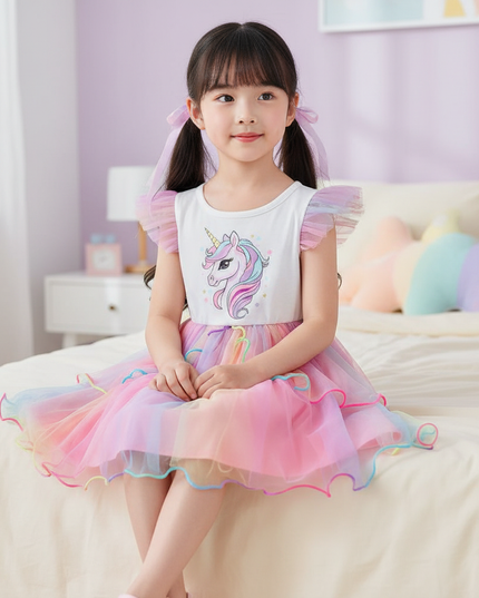 white unicorn tulle layered dress - sitting