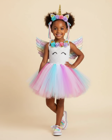 white unicorn tutu dress set girls - front