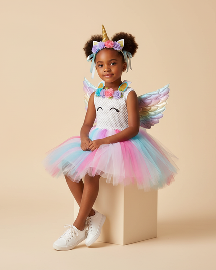 white unicorn tutu dress set girls - sitting