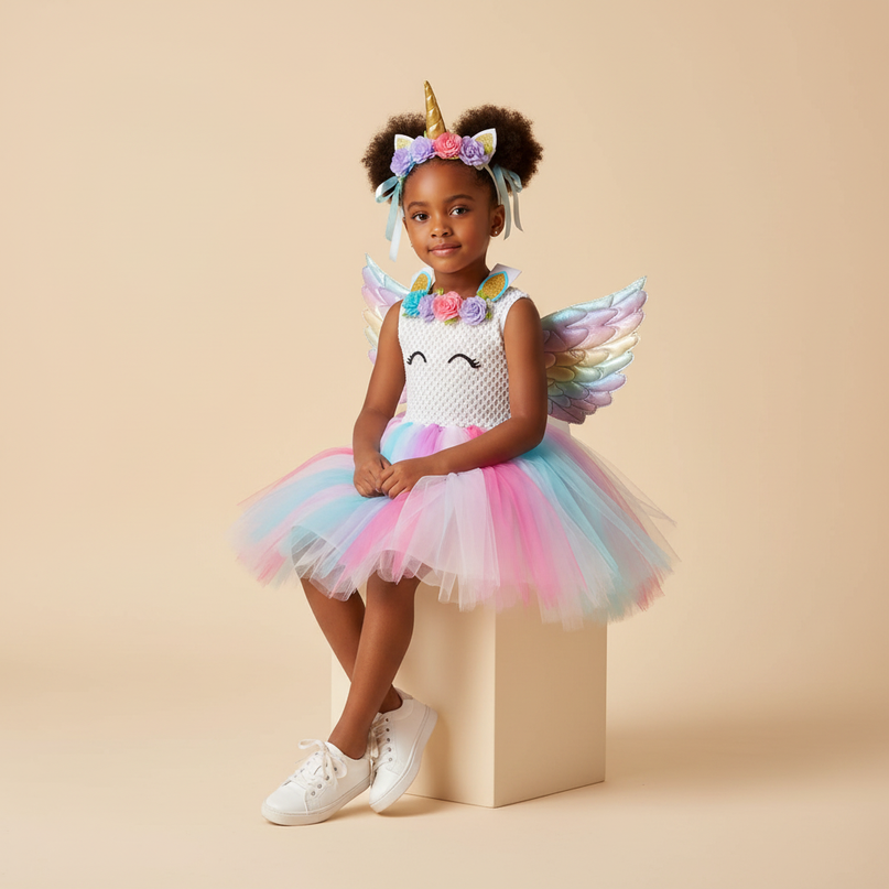 white unicorn tutu dress set girls - sitting