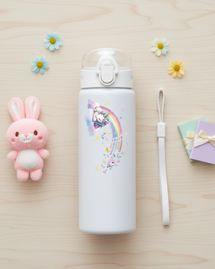 white unicorn water bottle - flat-lay