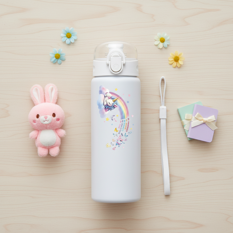 white unicorn water bottle - flat-lay