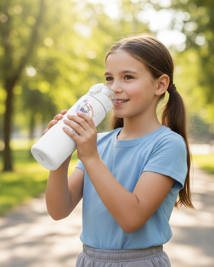 white unicorn water bottle - in-use