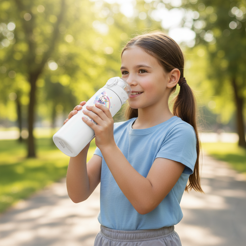 white unicorn water bottle - in-use