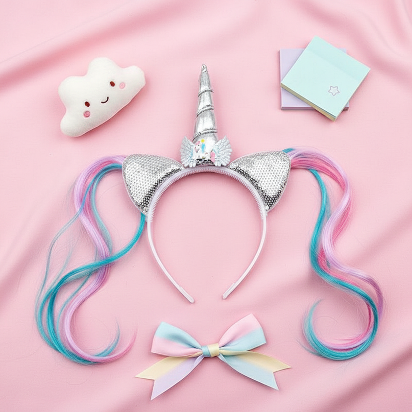 white unicorn wig headband - flat-lay