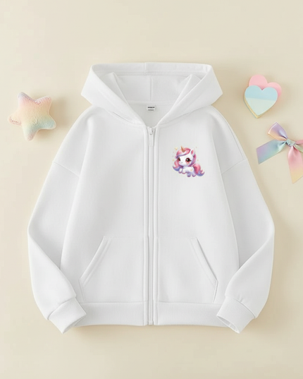 white unicorn zip hoodie girls - flat-lay