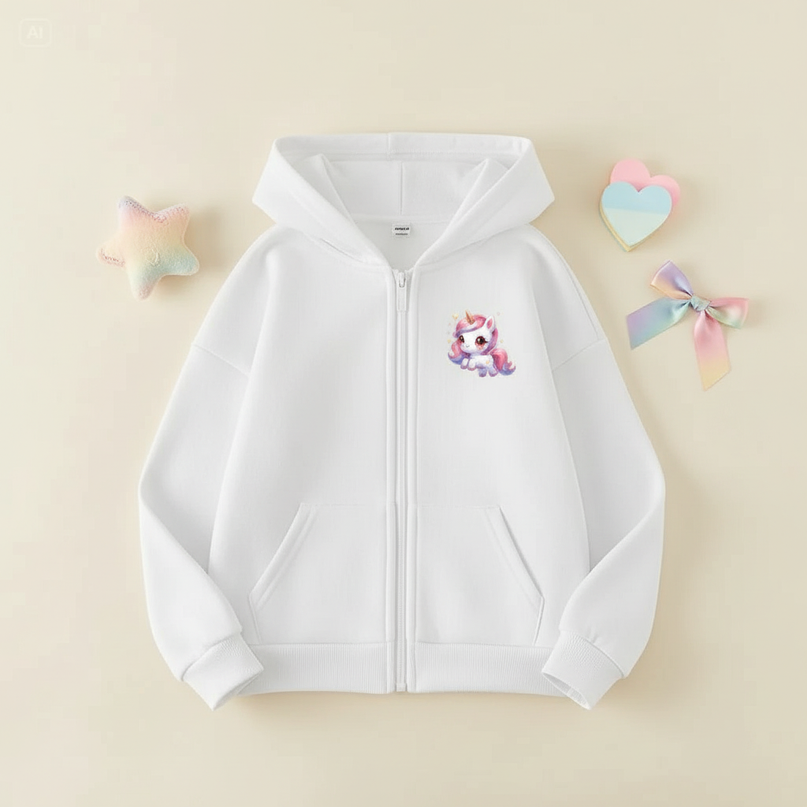 white unicorn zip hoodie girls - flat-lay