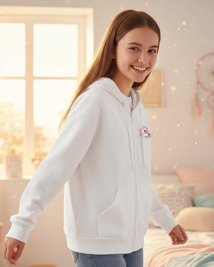 white unicorn zip hoodie girls - in-use