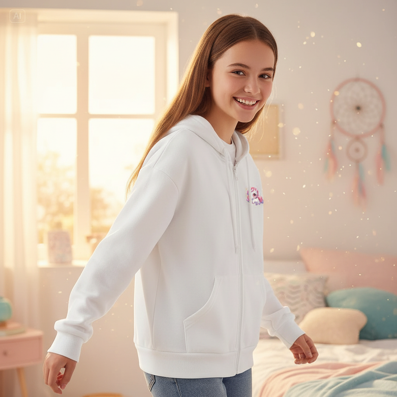 white unicorn zip hoodie girls - in-use