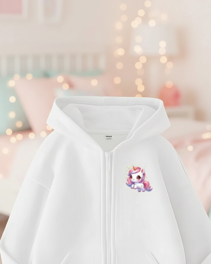 white unicorn zip hoodie girls - lifestyle