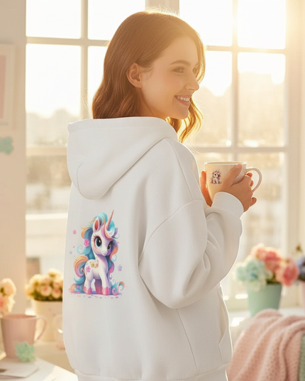 white unicorn zip hoodie - in-use