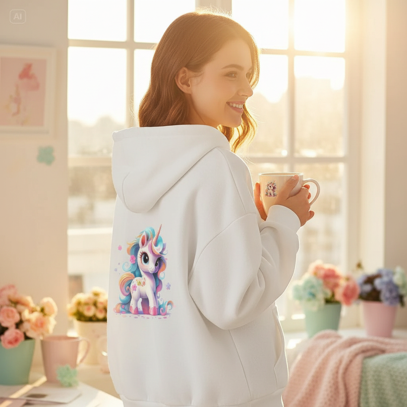 white unicorn zip hoodie - in-use