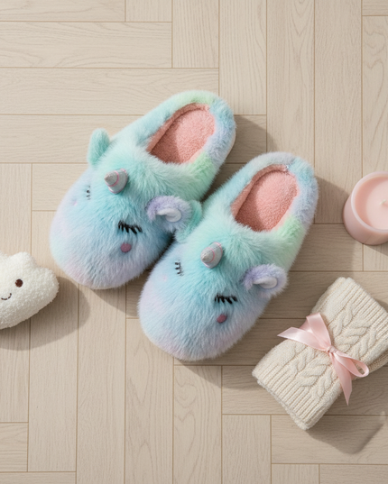 womens unicorn slippers - flat-lay