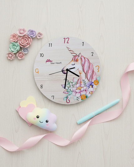 wooden unicorn clock - flat-lay