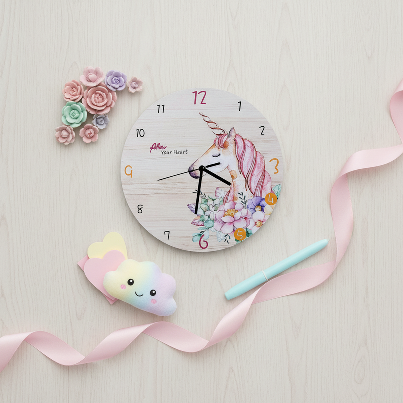 wooden unicorn clock - flat-lay
