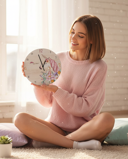 wooden unicorn clock - in-use