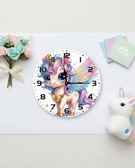 wooden unicorn wall clock - flat-lay
