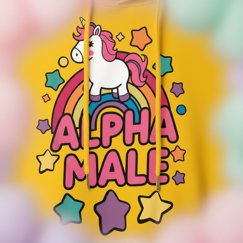 yellow alpha male unicorn hoodie - detail