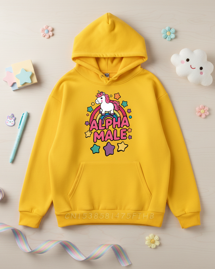 yellow alpha male unicorn hoodie - flat-lay
