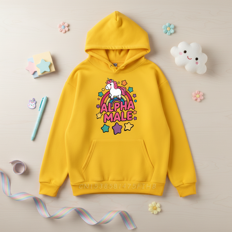 yellow alpha male unicorn hoodie - flat-lay