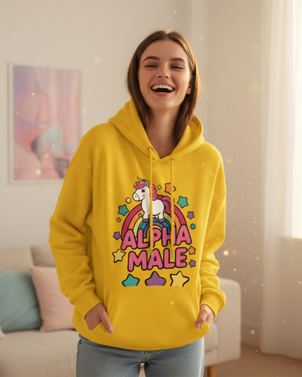 yellow alpha male unicorn hoodie - in-use