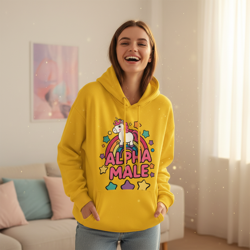 yellow alpha male unicorn hoodie - in-use