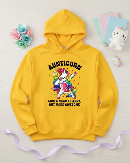 yellow aunt unicorn hoodie - flat-lay