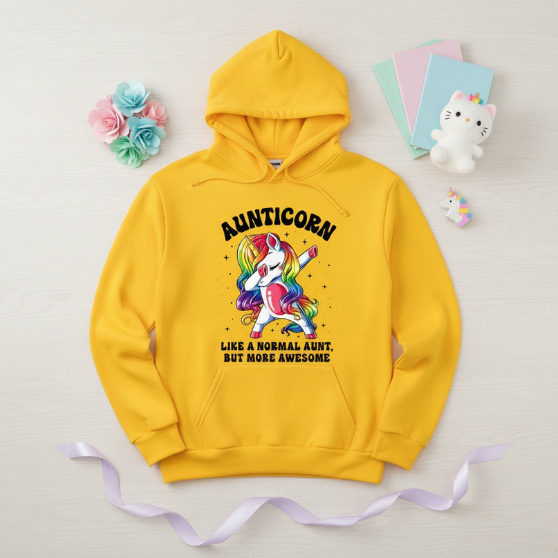 yellow aunt unicorn hoodie - flat-lay