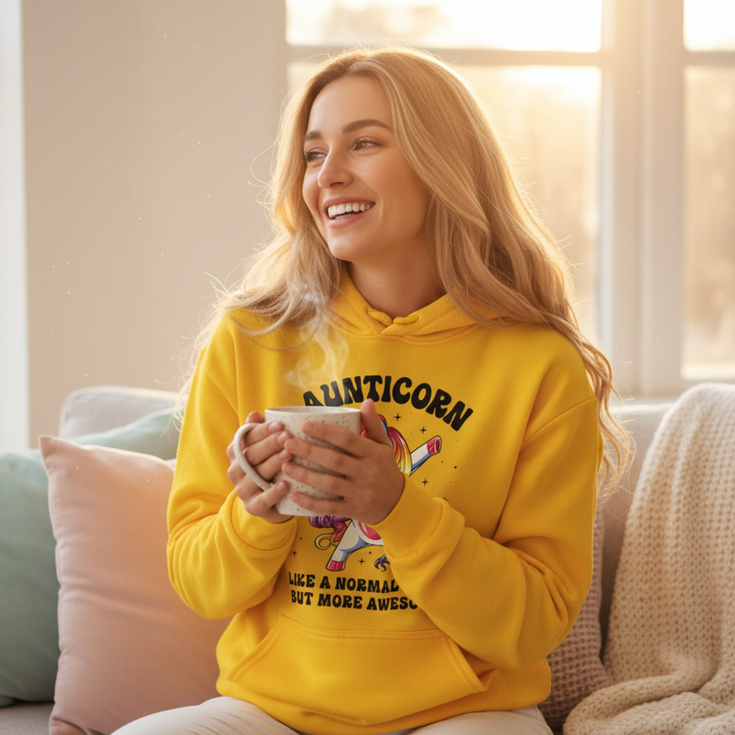 yellow aunt unicorn hoodie - in-use