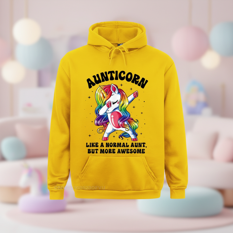 yellow aunt unicorn hoodie - lifestyle