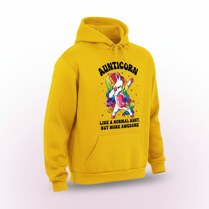 yellow aunt unicorn hoodie - white-bg