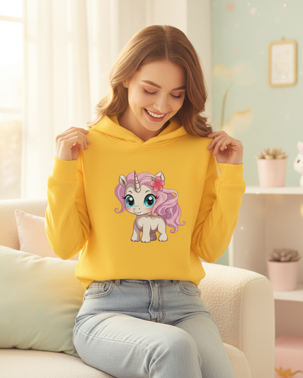 yellow kawaii unicorn hoodie - in-use