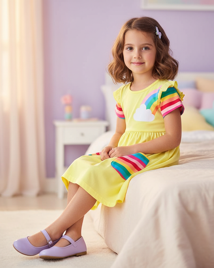 yellow unicorn applique dress - sitting