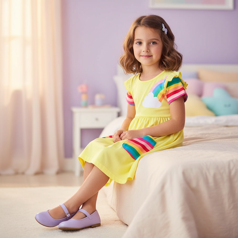 yellow unicorn applique dress - sitting