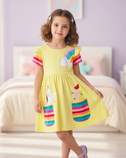 yellow unicorn applique dress - three-quarter