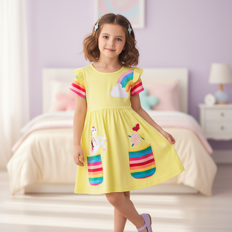 yellow unicorn applique dress - three-quarter