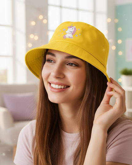 yellow unicorn bucket hat - in-use