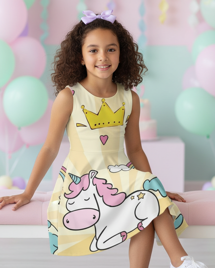 yellow unicorn crown dress - sitting